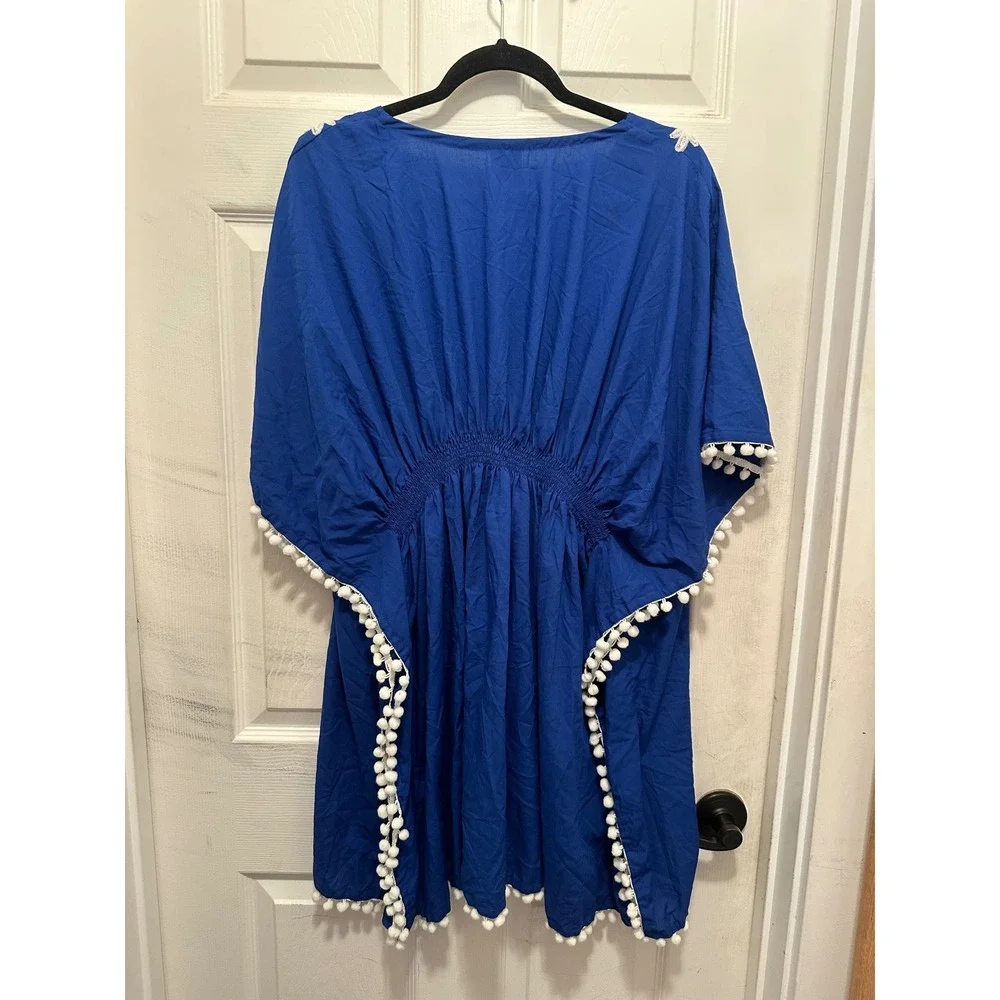 La Leela Royal Blue Embroidered Pom Pom Kaftan Swim Cover Up Dress Boho Beach - Picture 3 of 3